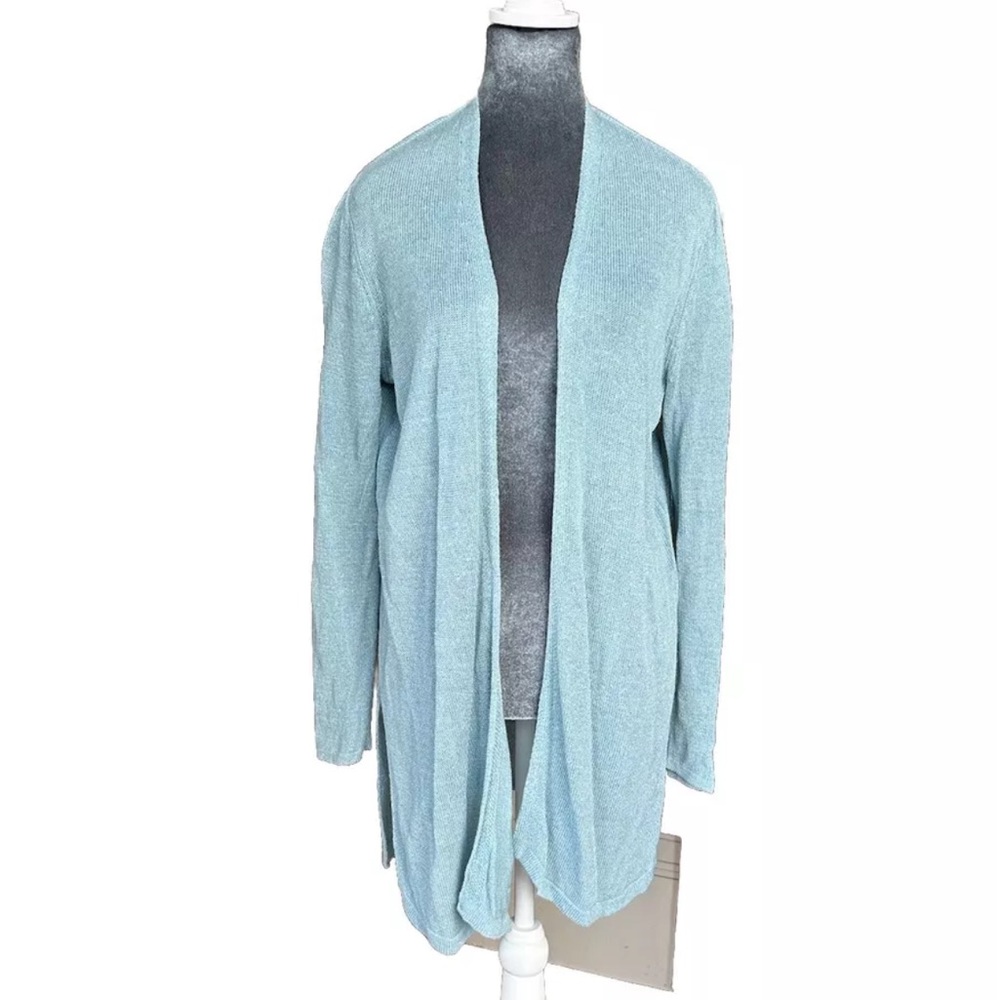 J. Jill Cardigan Womens Size M Blue Linen Blend Open Longline Sweater Slit Beach